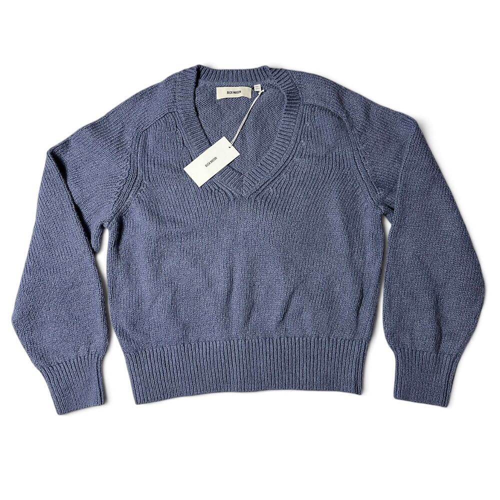 Buck Mason Soft Spun Cotton V-Neck Sweater Womens Size S Blue Heather NWT